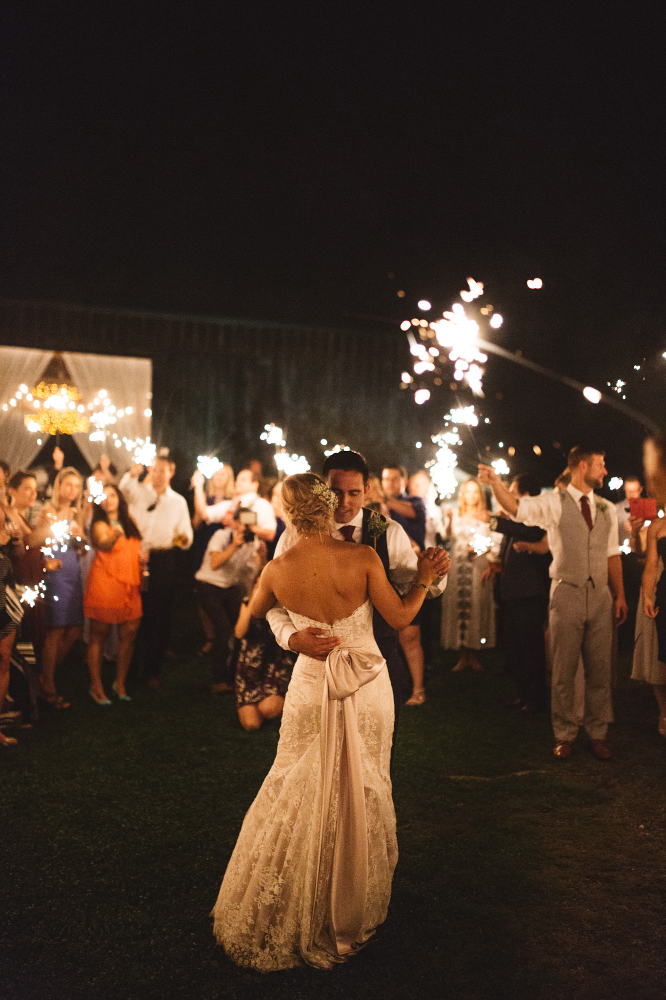bride and groom dancing under sparklers