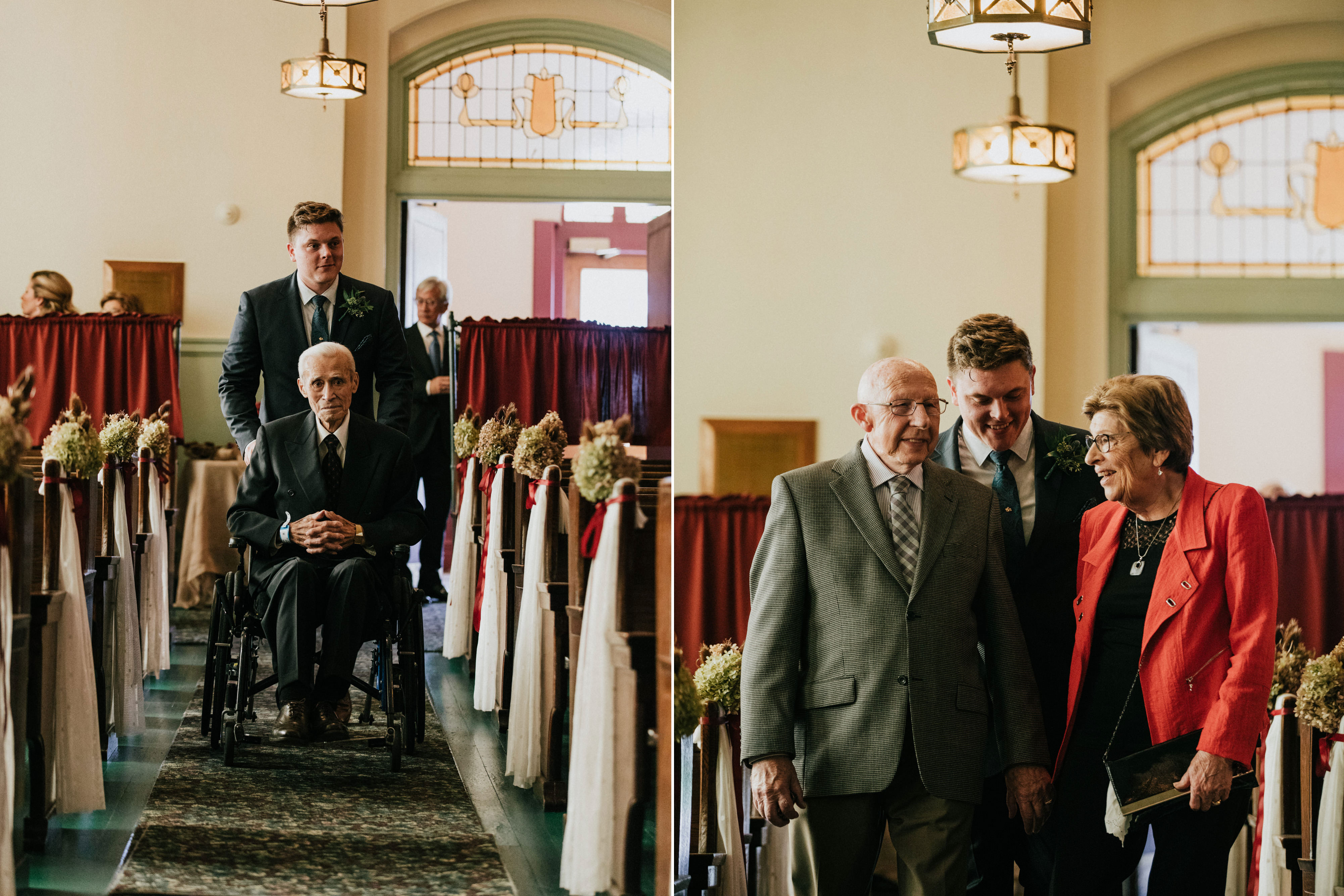 grandparents coming down the aisle with groom